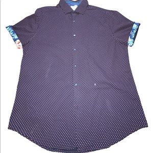 Denim & Flower button down short sleeve shirt navy, pink and floral sz‎ l…